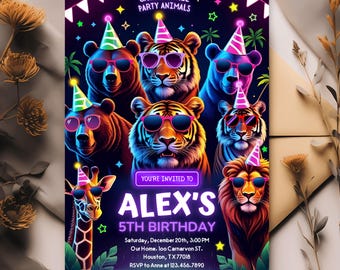 Bearbeitbare Partytiere Geburtstagseinladung, Neonlichter Safaritiere Einladung, Tiere Evite, Wild Safaritiere Geburtstagsfeier einladen