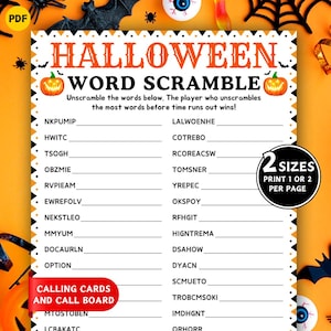 May include: A Halloween-themed word scramble game printable. The design features orange pumpkins, bats, and spiderwebs. The text reads "Halloween Word Scramble" with instructions and a list of scrambled words. Includes options to print one or two games per page.
