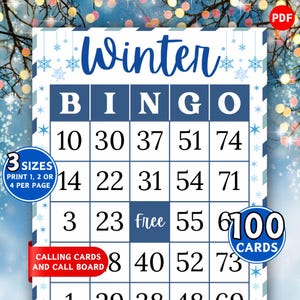May include: A Winter Bingo game card with a blue and white snowflake design. The word "Winter" is written in cursive. The card includes numbers, the word "free", and the text "100 cards". The card also has the text "3 sizes" and "calling cards and call board".