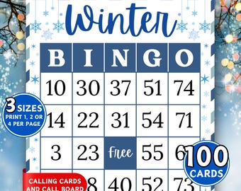 May include: A Winter Bingo game card with a blue and white snowflake design. The word "Winter" is written in cursive. The card includes numbers, the word "free", and the text "100 cards". The card also has the text "3 sizes" and "calling cards and call board".