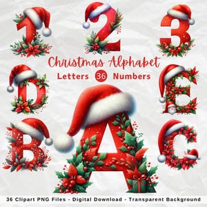 Christmas Floral Alphabet & Numbers Clipart, Christmas Letters, Christmas Numbers, Festive Alphabet Digital, Santa Hat Alphabet, Card Making