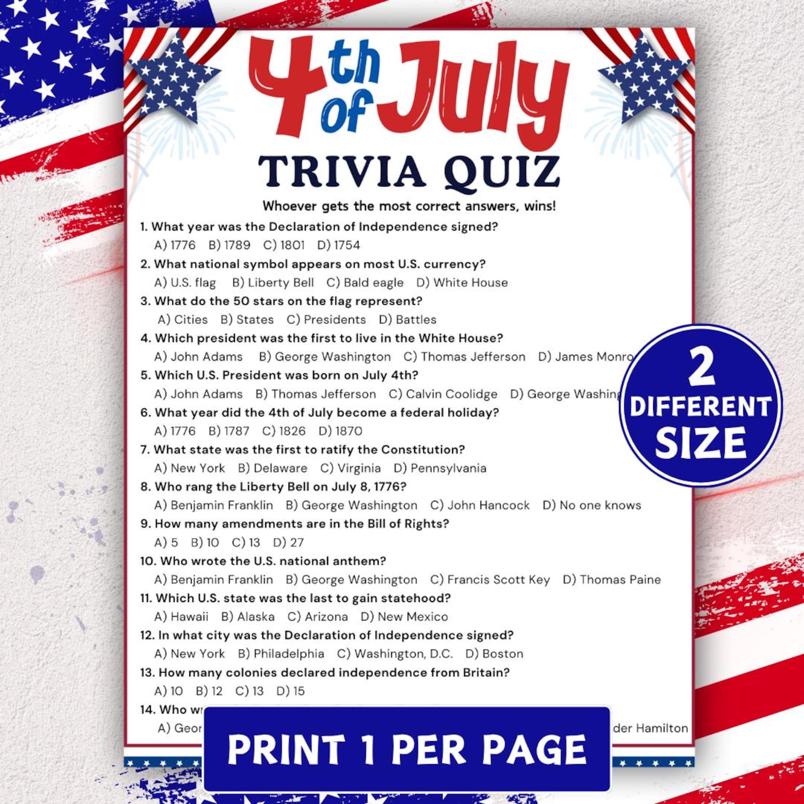 4th of July Trivia Game, Printable Fourth of July Game, American Trivia ...