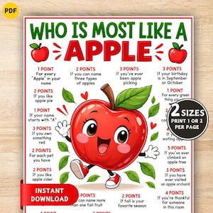 Peut inclure: Une feuille de jeu intitulée Who Is Most Like A Apple avec un personnage central de pomme rouge. Le texte énumère divers critères basés sur des points pour des activités liées aux pommes. Un badge circulaire noir indique 2 SIZES PRINT 1 OR 2 PER PAGE.
