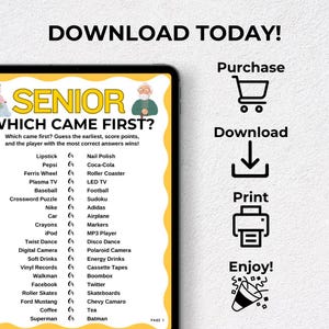 K&ouml;nnte beinhalten: Ein digitales Spiel f&uuml;r Senioren mit dem Titel &bdquo;Which Came First?" auf einem Tablet. Das Spiel bietet eine Liste von Gegenst&auml;nden, bei denen die Reihenfolge erraten werden muss, mit Anweisungen zum Sammeln von Punkten. Enth&auml;lt Symbole f&uuml;r Kauf, Download, Druck und Spa&szlig;.