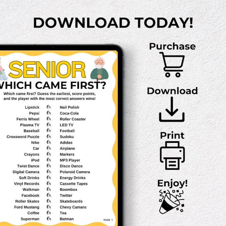 K&ouml;nnte beinhalten: Ein digitales Spiel f&uuml;r Senioren mit dem Titel &bdquo;Which Came First?" auf einem Tablet. Das Spiel bietet eine Liste von Gegenst&auml;nden, bei denen die Reihenfolge erraten werden muss, mit Anweisungen zum Sammeln von Punkten. Enth&auml;lt Symbole f&uuml;r Kauf, Download, Druck und Spa&szlig;.