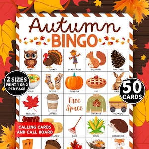 May include: A colorful autumn-themed bingo game with illustrations of fall elements like pumpkins, squirrels, and leaves. The game includes 50 cards and is available in two sizes. The title "Autumn Bingo" is displayed at the top.