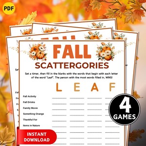 May include: A stack of printable fall-themed Scattergories game sheets. The game sheets feature a decorative floral design with pumpkins and the words "FALL SCATTERGORIES". Includes the text "INSTANT DOWNLOAD" and "4 GAMES".