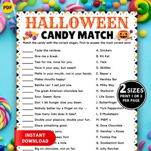 Könnte beinhalten: Ein druckbares Halloween Candy Match-Spiel mit einem schwarzen und orangefarbenen Rand. Das Spiel enthält Süßigkeiten-Slogans, die mit Süßigkeitennamen abgeglichen werden müssen. Die Worte "Halloween Candy Match" stehen oben. Die Worte "Sofort-Download" stehen auf einem roten Banner.