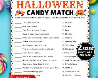 Könnte beinhalten: Ein druckbares Halloween Candy Match-Spiel mit einem schwarzen und orangefarbenen Rand. Das Spiel enthält Süßigkeiten-Slogans, die mit Süßigkeitennamen abgeglichen werden müssen. Die Worte "Halloween Candy Match" stehen oben. Die Worte "Sofort-Download" stehen auf einem roten Banner.