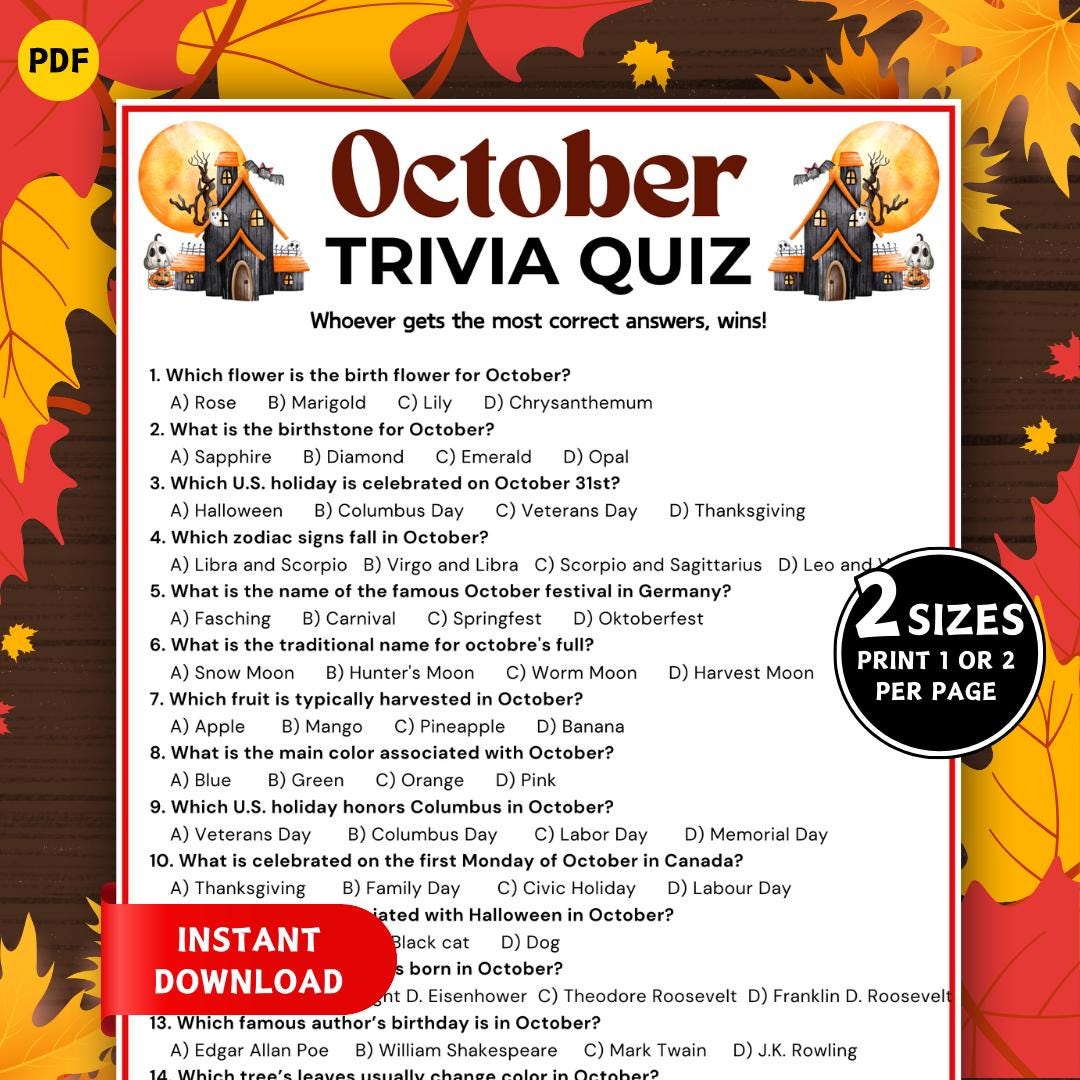 October Trivia Game, Autumn Trivia Quiz, Fall Party Game, Printable ...