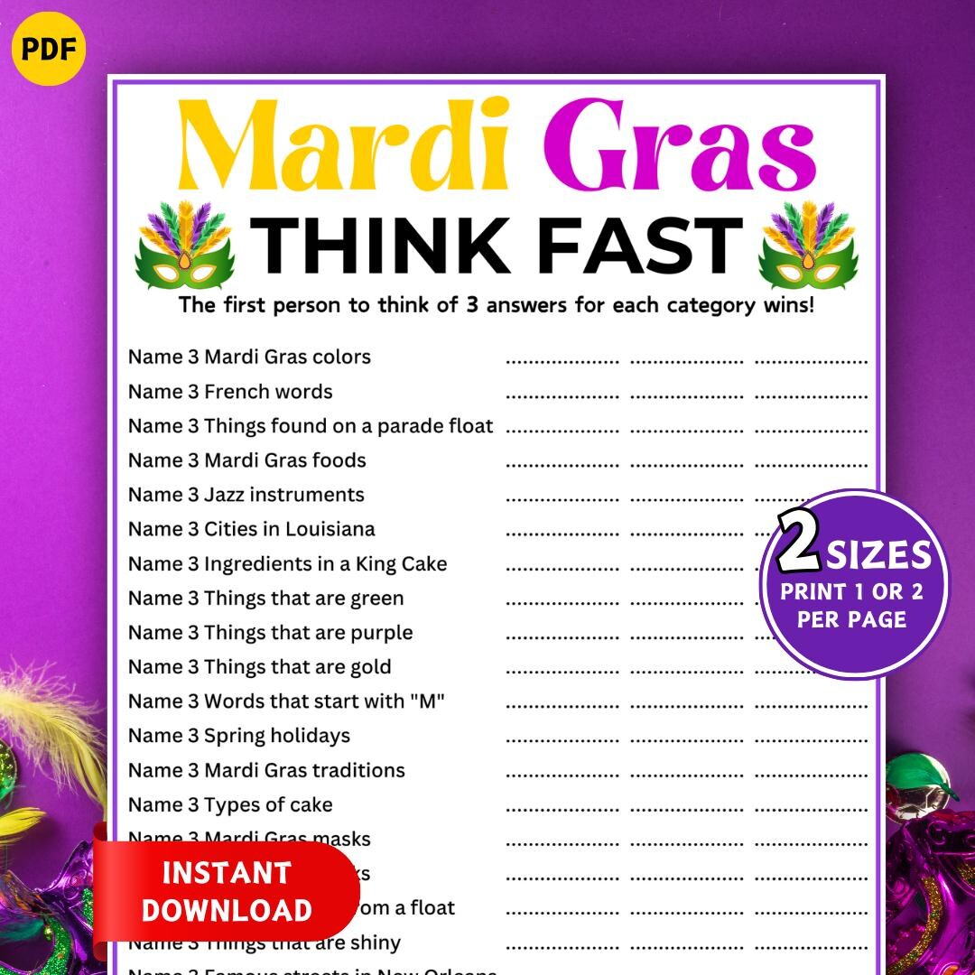 Mardi Gras Think Fast Game! Printable Mardi Gras Games, Think Quick ...
