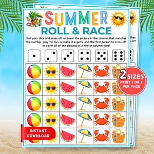May include: A printable Summer Roll & Race game sheet featuring a grid of summer-themed icons including beach balls, suns with sunglasses, watermelon slices, beach umbrellas, crabs, and beach bags, with dice icons at the top for gameplay.