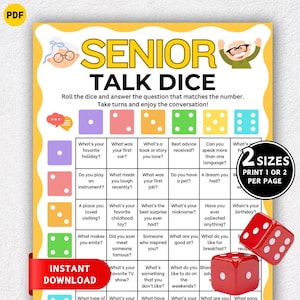 Op de afbeelding: Een printbaar spel genaamd "Senior Talk Dice" met een gele rand. Het spel bevat een raster met vragen en twee rode dobbelstenen. De tekst op het spelbord bevat vragen om een gesprek op gang te brengen.