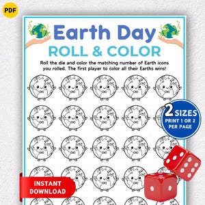 Puede incluir: Un juego imprimible de Earth Day Roll & Color. El juego presenta una cuadrícula de iconos de la Tierra con caras sonrientes, un borde azul y blanco y dos dados rojos. El texto dice "Earth Day Roll & Color" y "Descarga instantánea".