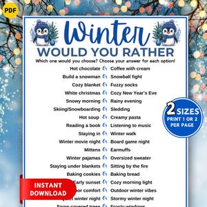 Könnte beinhalten: Ein druckbares "Winter Would You Rather" Spiel mit blauem und weißem Design. Das Spiel enthält eine Liste von winterlichen Optionen, mit Pinguin-Illustrationen und dem Text "Sofort-Download."