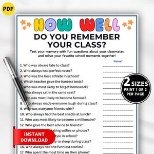 May include: A printable memory game titled "How Well Do You Remember Your Class?" with colorful text and questions to recall school memories. Includes a pen and a red "Instant Download" banner. Available in two sizes.