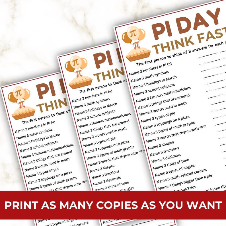 Pi Day Think Fast Game! Printable Pi Day Games, Think Quick Trivia Game ...