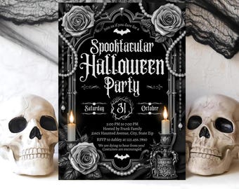 Bewerkbare sjabloon voor Halloween-uitnodiging, gotische digitale uitnodiging Halloween, afdrukbare uitnodiging voor Halloween-feest, bewerkbare canvas-sjabloon