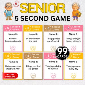 May include: A game titled "Senior 5 Second Game" with a pink, yellow, and brown color scheme. The game includes 99 cards with various categories, such as "Famous American brands" and "Things you bring to a picnic."