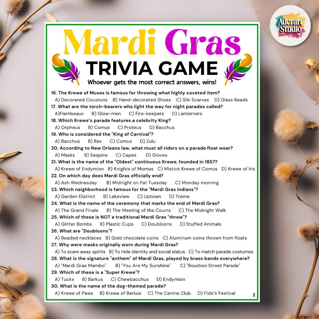 Mardi Gras Trivia Game, Printable Mardi Gras Party Games, Mardi Gras ...