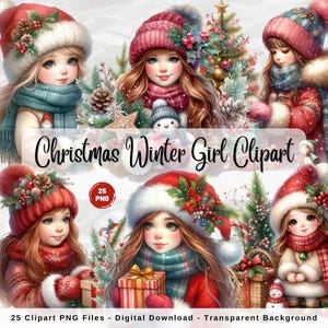 Aquarell Winter Mädchen Clipart Bundle, gemütliche Weihnachten Mädchen Clipart, Weihnachts Clipart, Santa Mädchen Clipart, rote Weihnachtsmädchen, Winter Mädchen Png