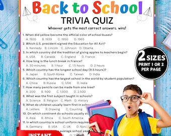 Back to School Trivia Game, First Day of School Activity, Fun Classroom Game for Kids Teens, Printable School Party Games, Icebreaker Games