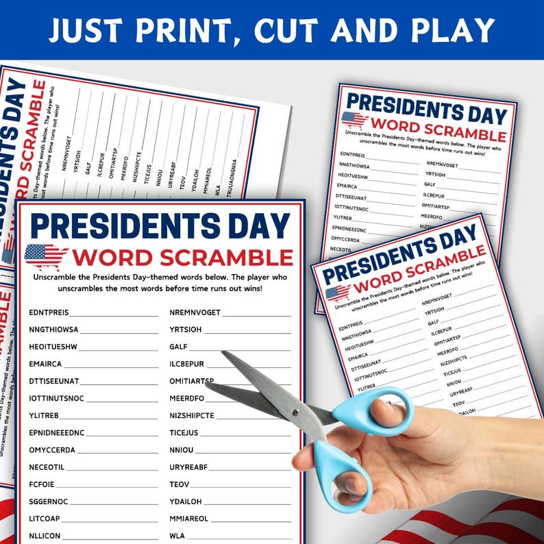 Multiple Scramble Presidents Day Word Scramble Game, Printable Patriotic Game, American ...