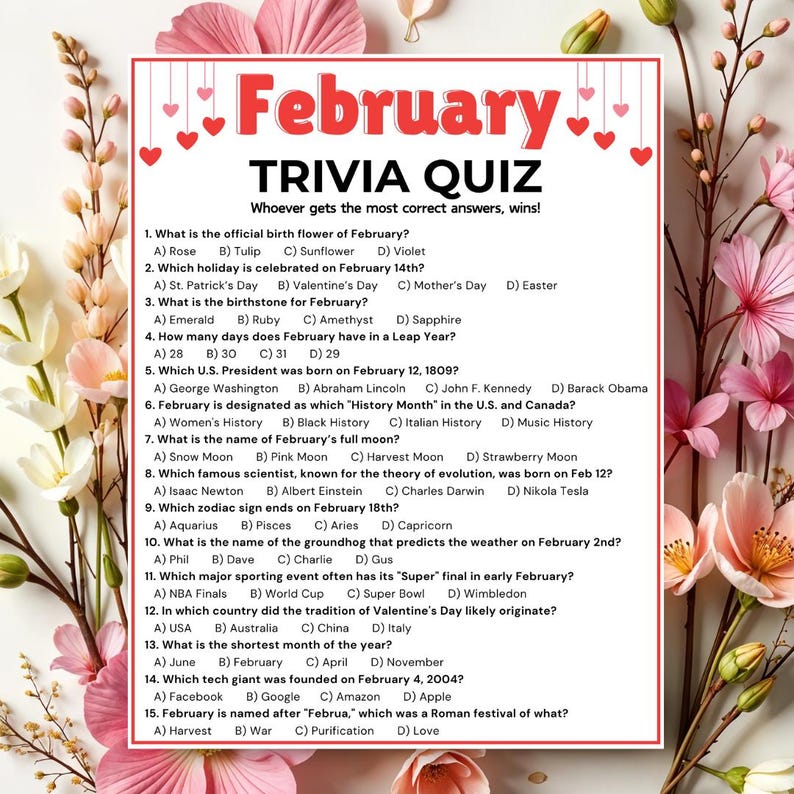 February Trivia Game, Valentines Day Trivia Quiz, Winter Season Games ...