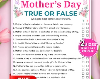 True or False Game, Mother's Day Party Games, Mother's Day Trivia, Classroom Activity, Printable Icebreaker Games for Kids Adults Seniors