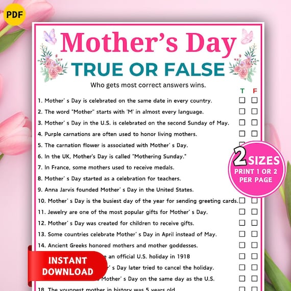True or False Game, Mother's Day Party Games, Mother's Day Trivia, Classroom Activity, Printable Icebreaker Games for Kids Adults Seniors