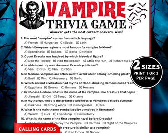 Vampire Trivia Game, Vampire Quiz, Halloween Trivia Game, Spooky Game Night, Halloween Party Games, Printable Halloween Game, Dracula Quiz
