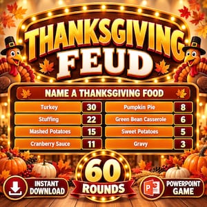 Thanksgiving Friendly Feud Game, Interactive Family Trivia PowerPoint Game Show, Office Team Building Games, Fall Activity for Kids Adults