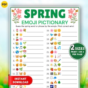 May include: A printable spring-themed Emoji Pictionary game with a white background and green and pink accents. The game includes a list of emojis to guess spring-related words or phrases. The text "Instant Download" is displayed in a red banner.