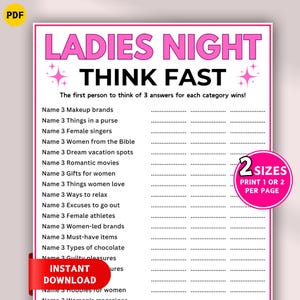 Könnte beinhalten: Ein druckbares Ladies Night-Spiel mit rosa und schwarzem Design. Das Spiel enthält Kategorien wie Make-up-Marken und Dinge in einer Handtasche. Der Text "Ladies Night Think Fast" ist oben zu sehen. Ein rotes Banner zeigt "Sofort-Download".