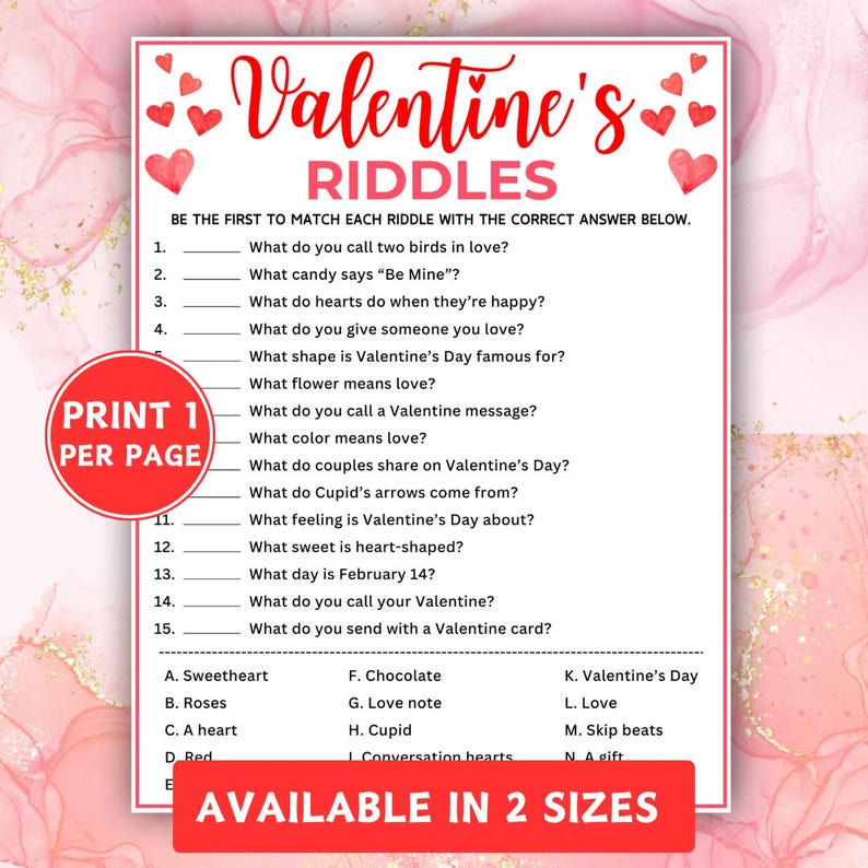 Valentine's Day Riddles Game With Answers, Printable Valentine Party ...
