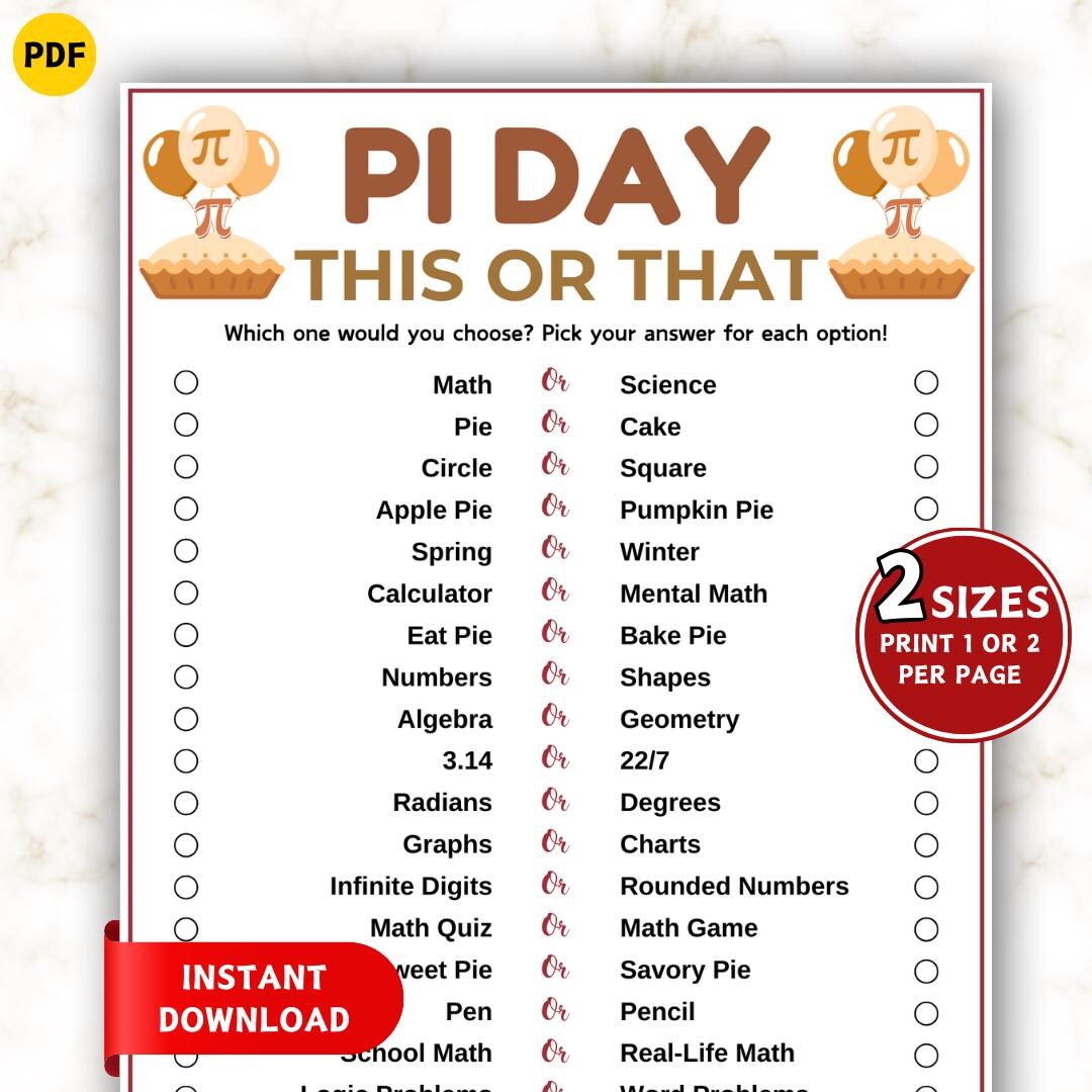 Pi Day This or That Game, Fun Printable Pi Day Trivia Game for Kids ...