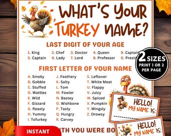 What's Your Turkey-naamspel met naamtags, afdrukbaar Thanksgiving-spel, familie Thanksgiving-naamgeneratorspel, herfstspel voor kinderen volwassenen