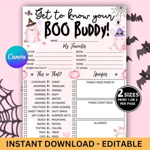 Puede incluir: Una hoja de juego imprimible rosa con temática de Halloween titulada "Get to Know Your Boo Buddy!" con secciones para rellenar para favoritos y preferencias. Incluye ilustraciones de fantasmas y el texto "Instant Download - Editable".