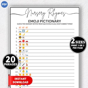 Nursery Rhymes Emoji Game, Printable Baby Shower Games, Baby Shower Emoji Pictionary Game, Minimalist Baby Shower Activity, Fun Emoji Trivia