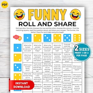 以下が含まれることがあります： FUNNY ROLL AND SHAREというタイトルの印刷可能なゲームシート。2つの笑っている絵文字、サイコロを振るための説明、質問のグリッドが記載されています。レイアウトには青と黄色のサイコロのアイコン、吹き出しのグラフィック、2 SIZESの円形バッジが含まれています。
