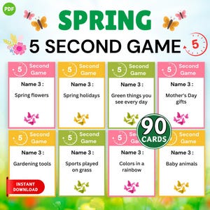 Juego de primavera de 5 segundos, tarjetas de desafío de 5 segundos, juegos de primavera imprimibles para niños y adultos, juego de fiesta de primavera, actividad escolar para el aula