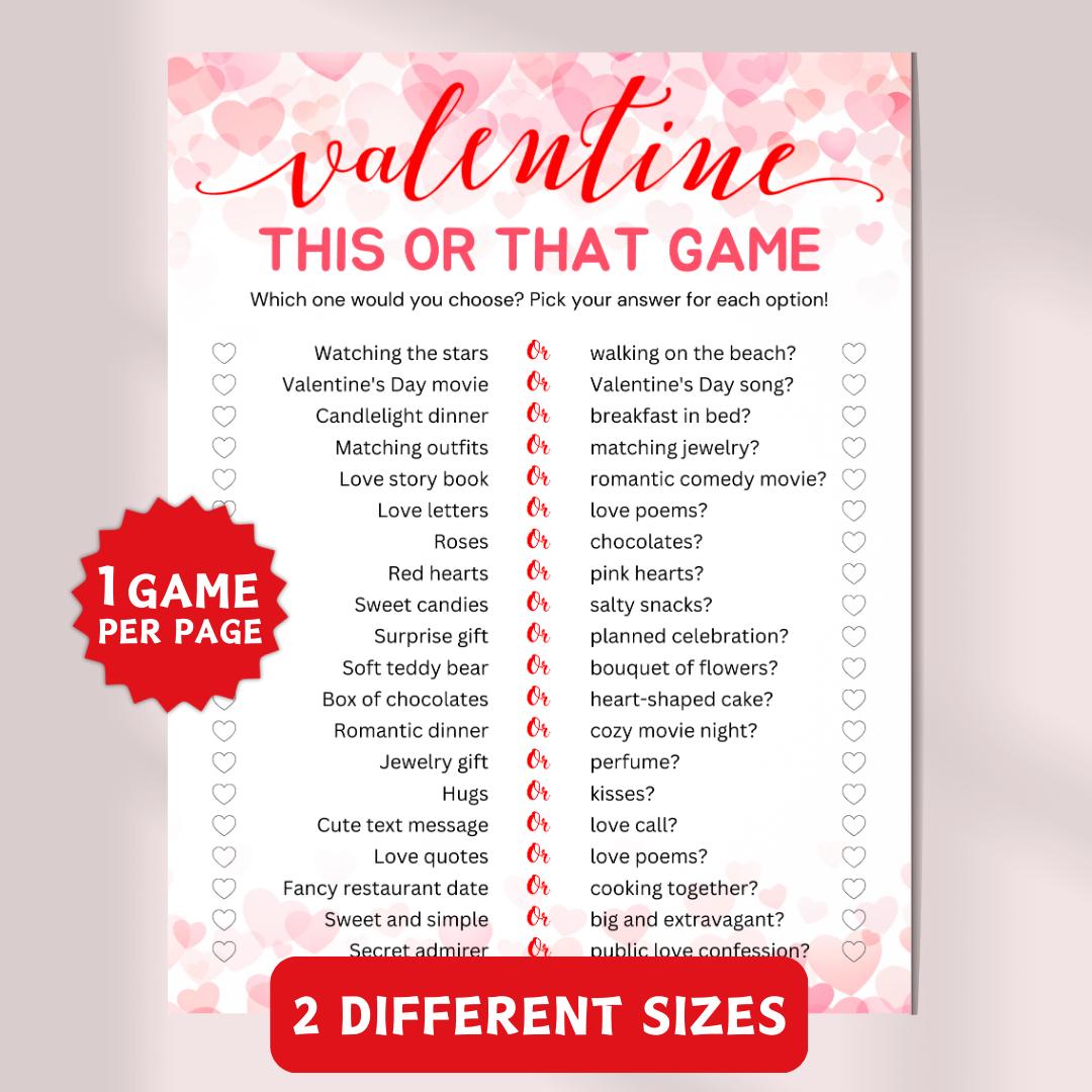 Printable Valentine's Day This or That Game, Would You Rather Questions ...