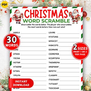 Jogo de palavras cruzadas de Natal, jogo de Natal para imprimir, quebra-cabeça de palavras embaralhadas, jogo de festa de fim de ano para crianças e adultos, jogo de palavras cruzadas