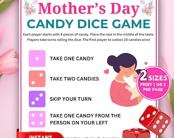 Süßigkeiten Würfelspiel, Muttertags-Partyspiele, Spiele für Mütter, Süßigkeitsbörse Würfelspiel, druckbares Würfelspiel, Gruppenspiel, Frauen Geistlichkeitsspiele