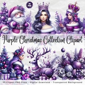 Purple Christmas Collection Clipart, Purple Watercolor Christmas, Reindeer PNG Graphics, Christmas Clipart, Santa Claus PNG, Winter Holidays