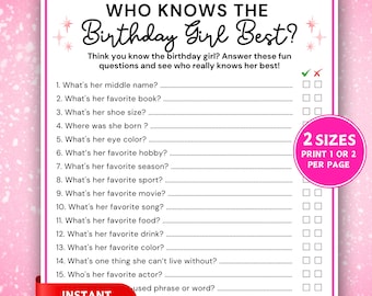 Who Knows the Birthday Girl Best Game, Printable Birthday Party Quiz, Fun Girl Party Activity, Birthday Girl Game, Girl Birthday Trivia Game