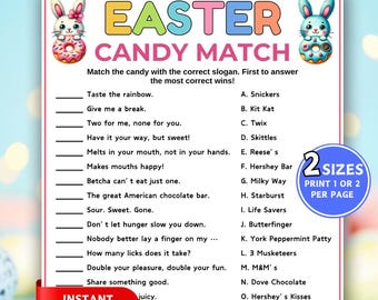 Ostern Candy Match Spiel, Ostern Partyspiel, Candy Slogan Trivia Spiel, druckbares Osterspiel, Ostern Trivia, Candy Quiz für Kinder Jugendliche Erwachsene