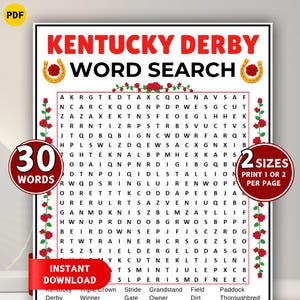 May include: A printable Kentucky Derby word search puzzle with the text "Kentucky Derby Word Search" in red. The puzzle includes 30 words and is available in two sizes. The image also includes the text "Instant Download".