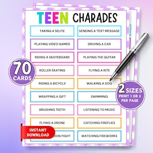 Printable Charades Game, Teens Charades Game, Charades Cards, Family Charades Game, Action Charades Game for Teen, Birthday Party Icebreaker
