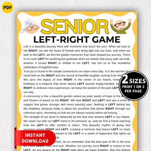 Puede incluir: Un juego PDF imprimible titulado "Senior Left-Right Game" con ilustraciones de personas mayores. El juego incluye texto sobre el viaje de la vida y la importancia de la conexión. Disponible en dos tamaños, descarga instantánea.